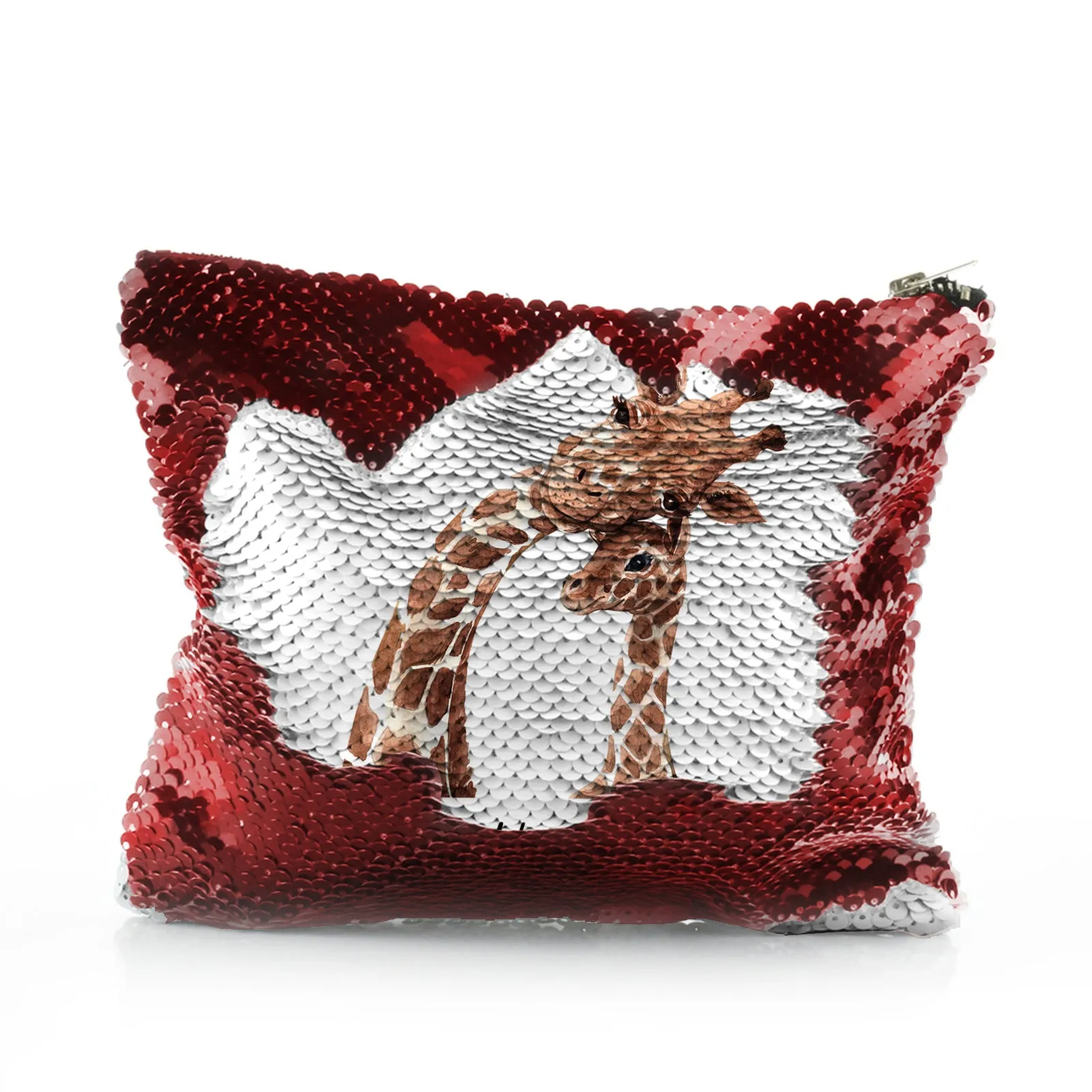 Personalised Sequin Zip Bag with Welcoming Text and Relaxing Mum and Baby Giraffes