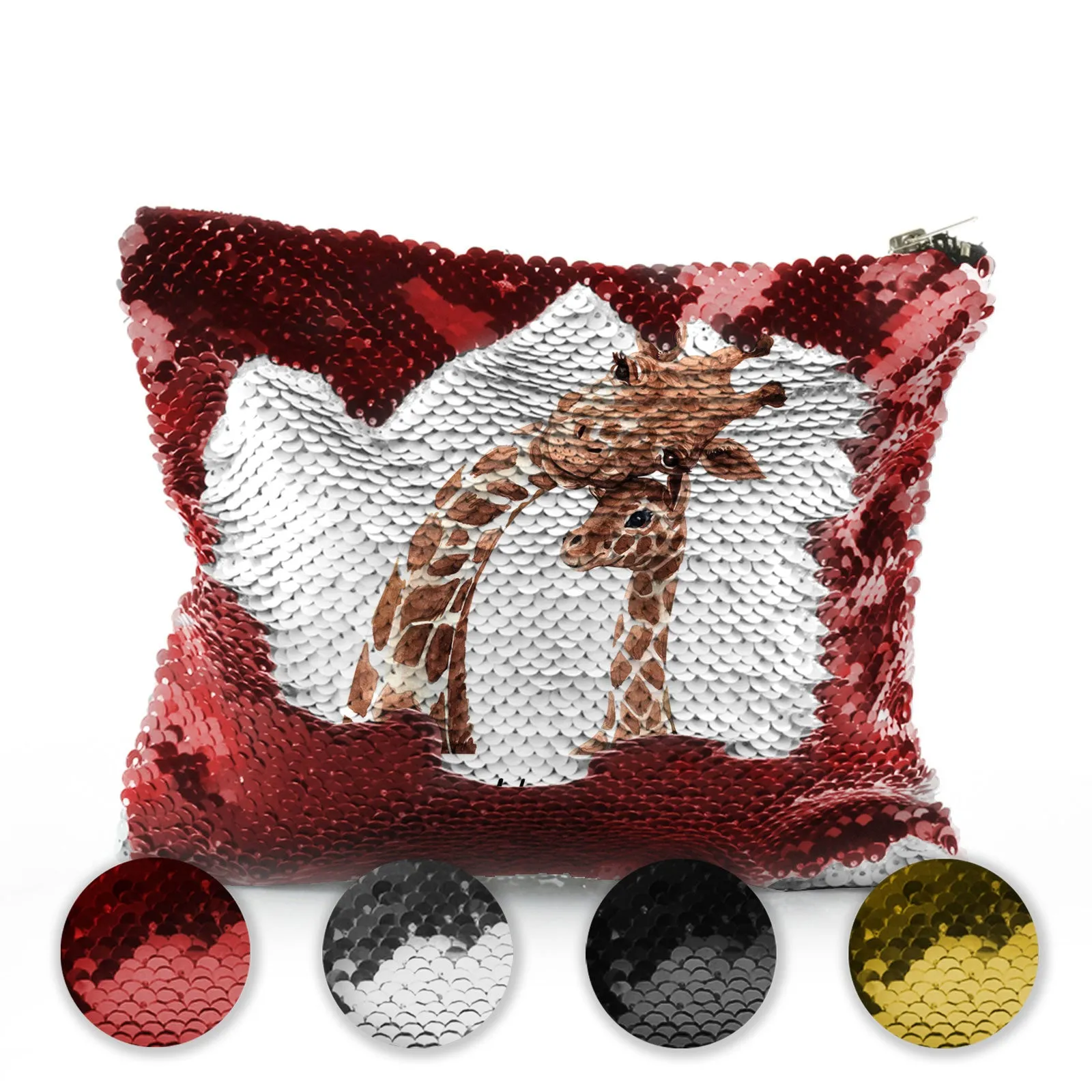 Personalised Sequin Zip Bag with Welcoming Text and Relaxing Mum and Baby Giraffes