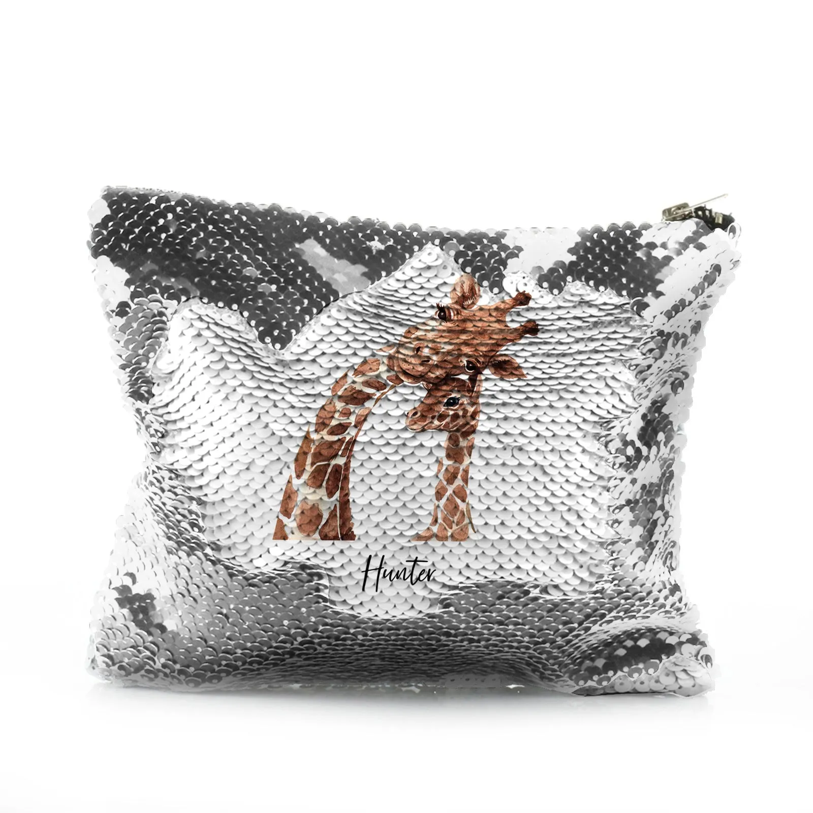 Personalised Sequin Zip Bag with Welcoming Text and Relaxing Mum and Baby Giraffes