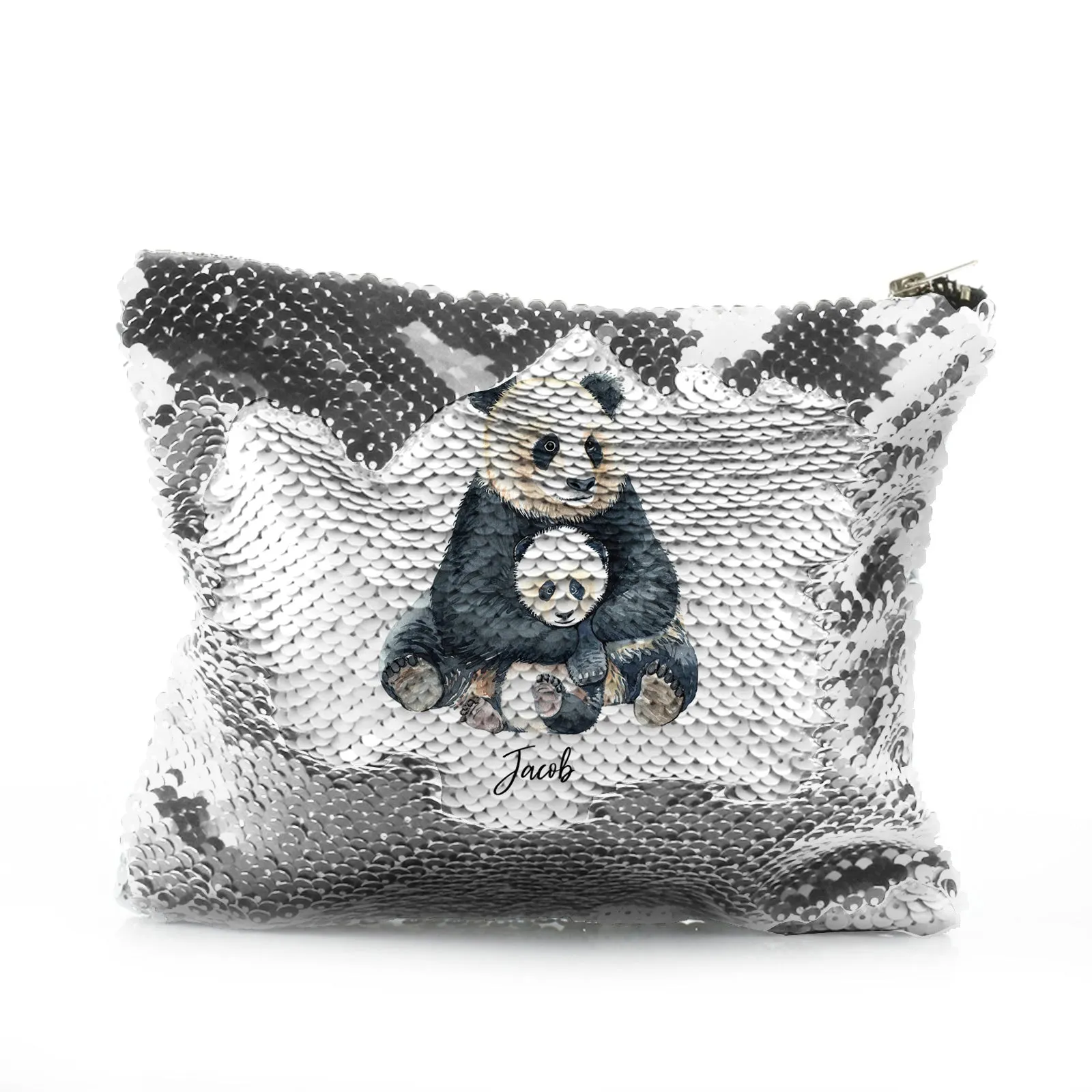 Personalised Sequin Zip Bag with Welcoming Text and Relaxing Mum and Baby Pandas