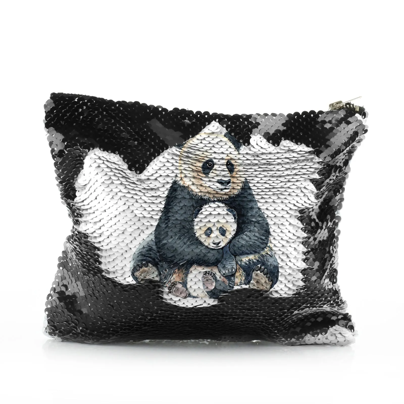 Personalised Sequin Zip Bag with Welcoming Text and Relaxing Mum and Baby Pandas