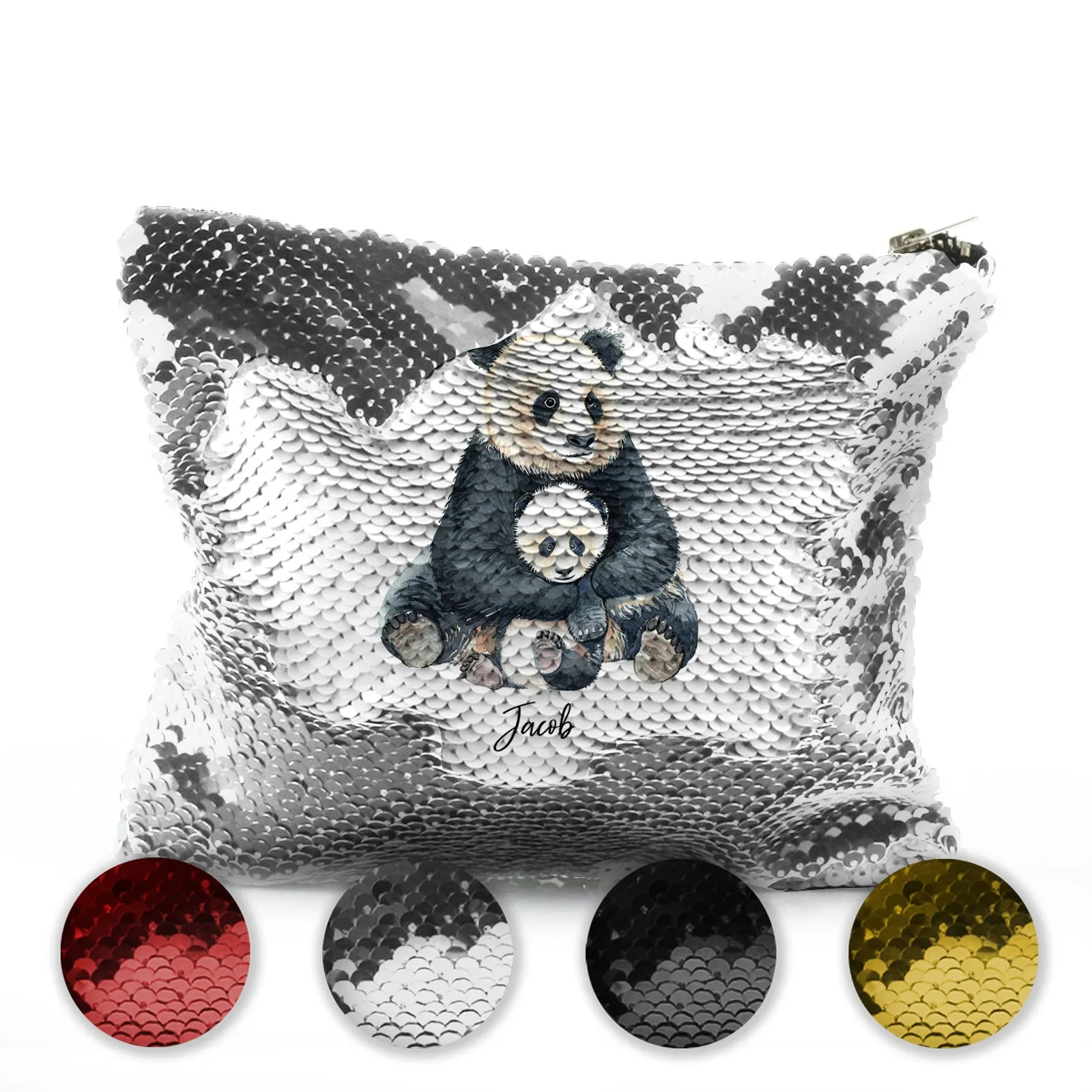 Personalised Sequin Zip Bag with Welcoming Text and Relaxing Mum and Baby Pandas