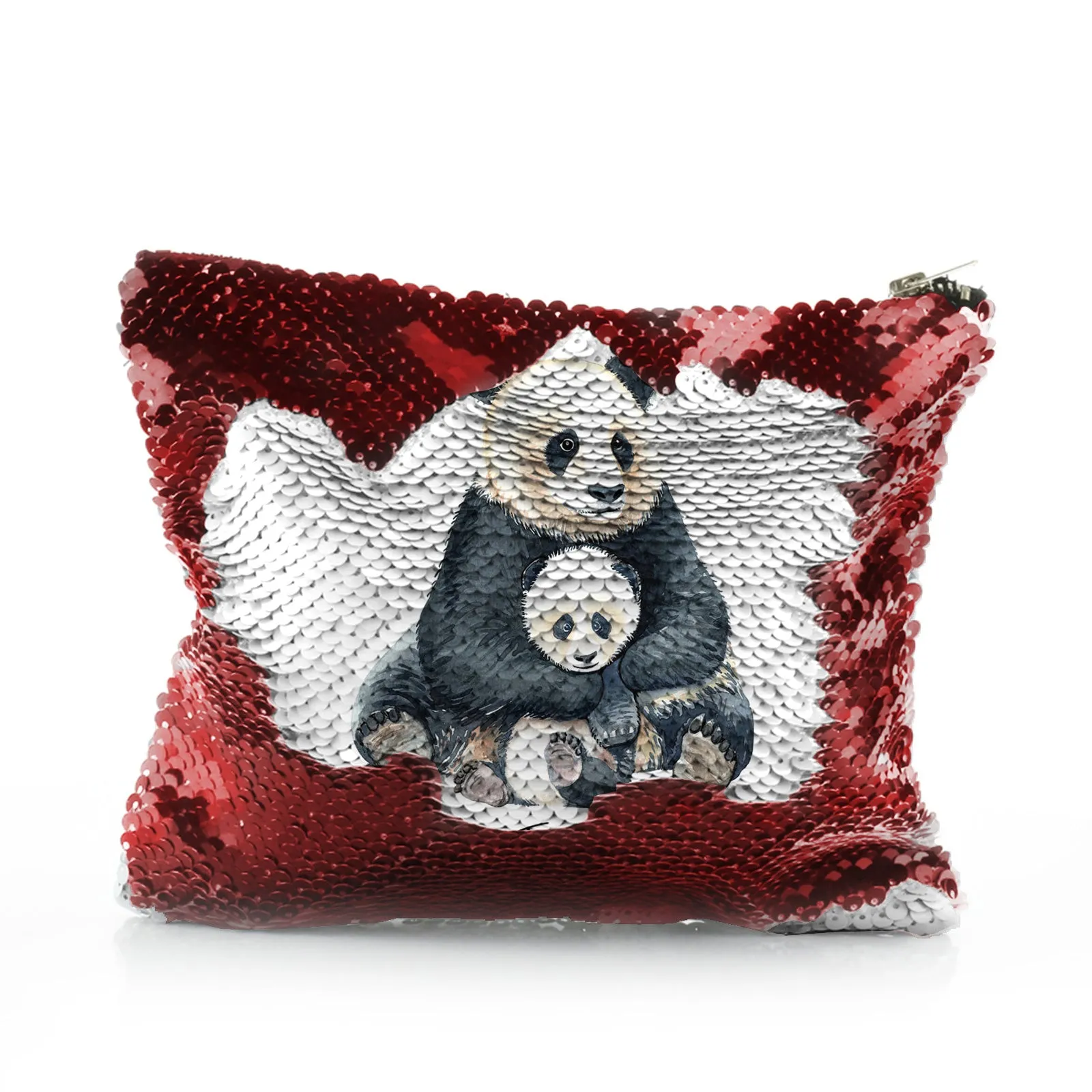 Personalised Sequin Zip Bag with Welcoming Text and Relaxing Mum and Baby Pandas