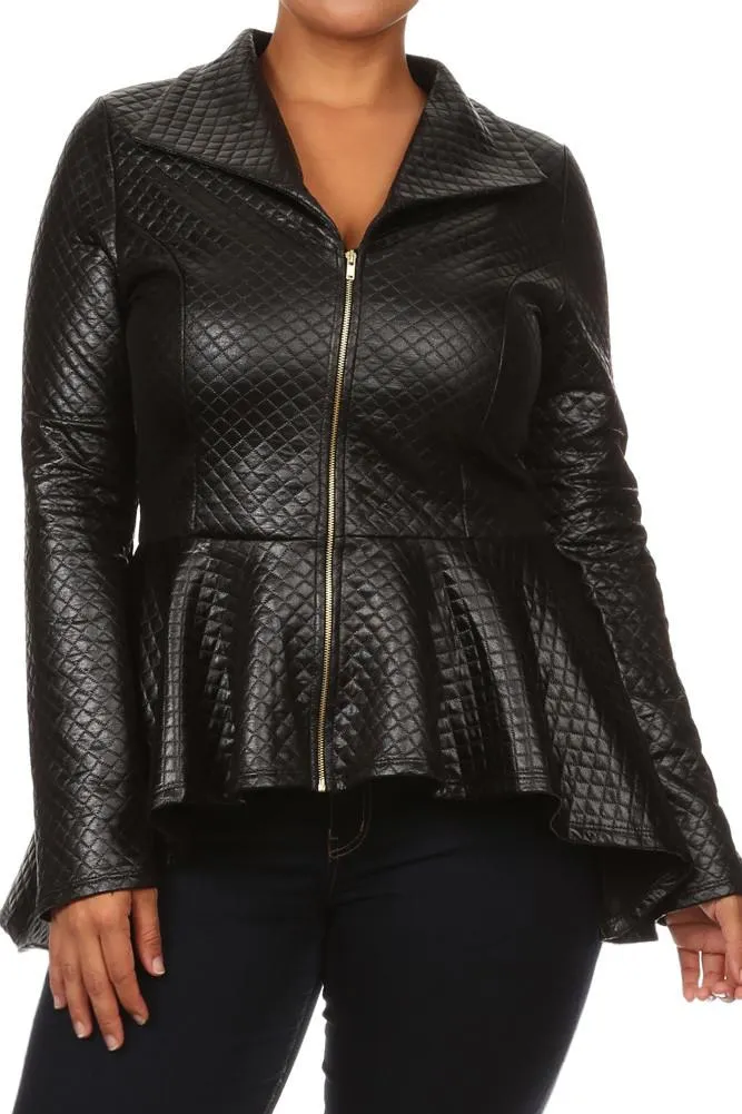 Plus Size Sexy Diamond Print Peplum Leather Top