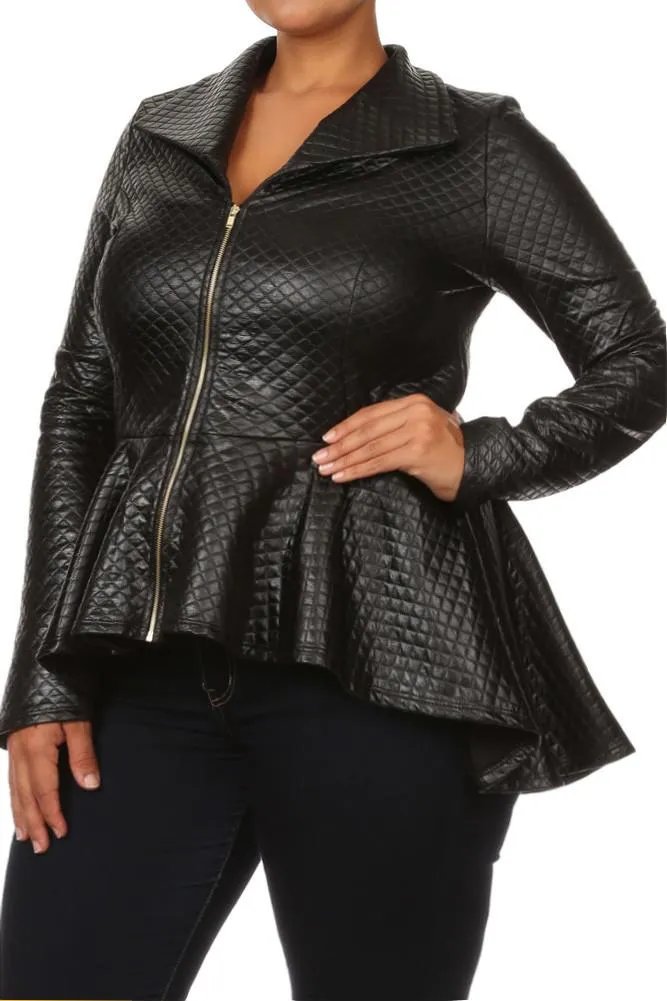 Plus Size Sexy Diamond Print Peplum Leather Top
