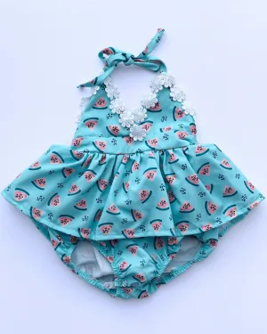PREORDER! Tillie Floral Trim Halter Romper Dress - Watermelon