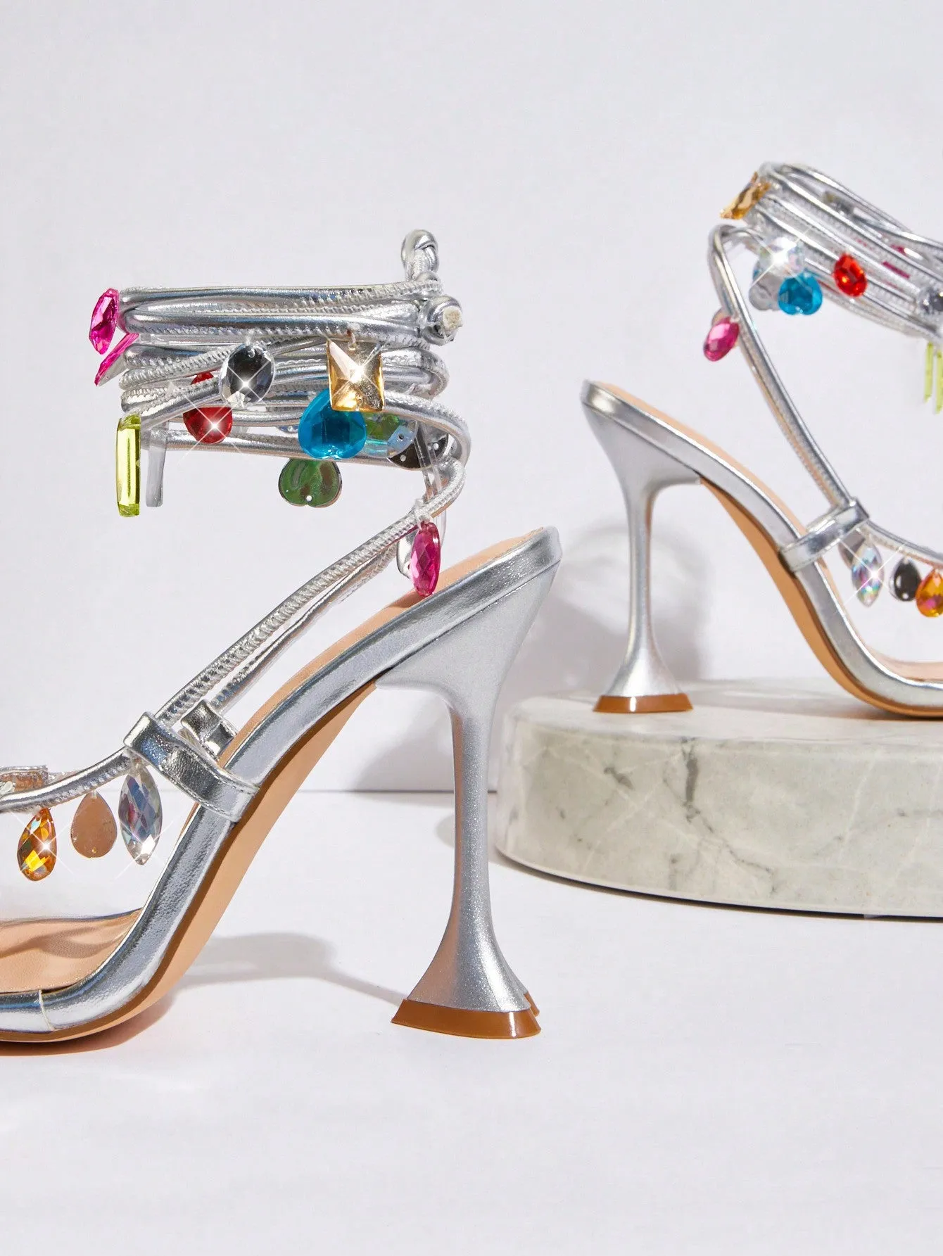 Rhinestones Silver High Heel Sandals