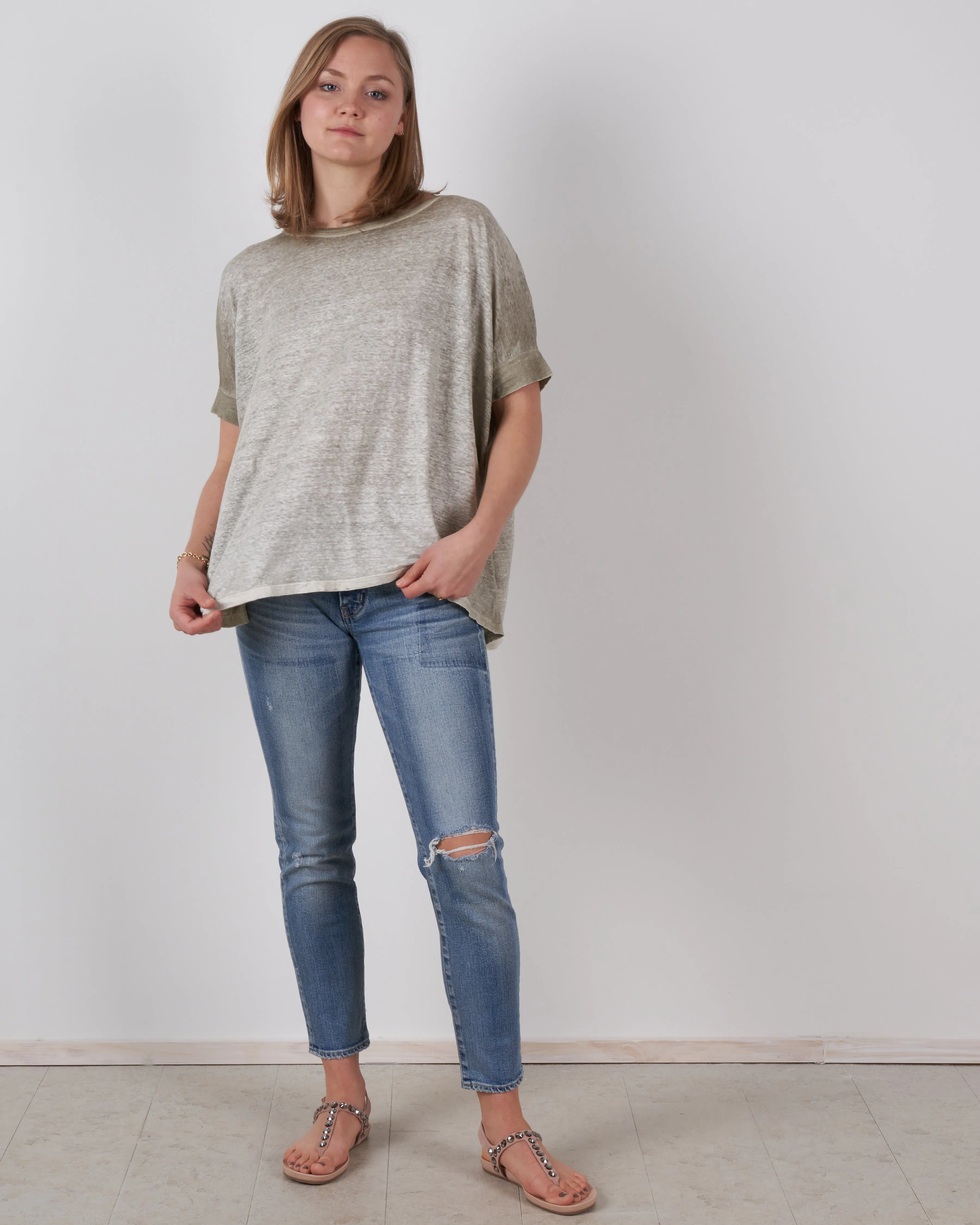 round neck over linen t-shirt - kaki