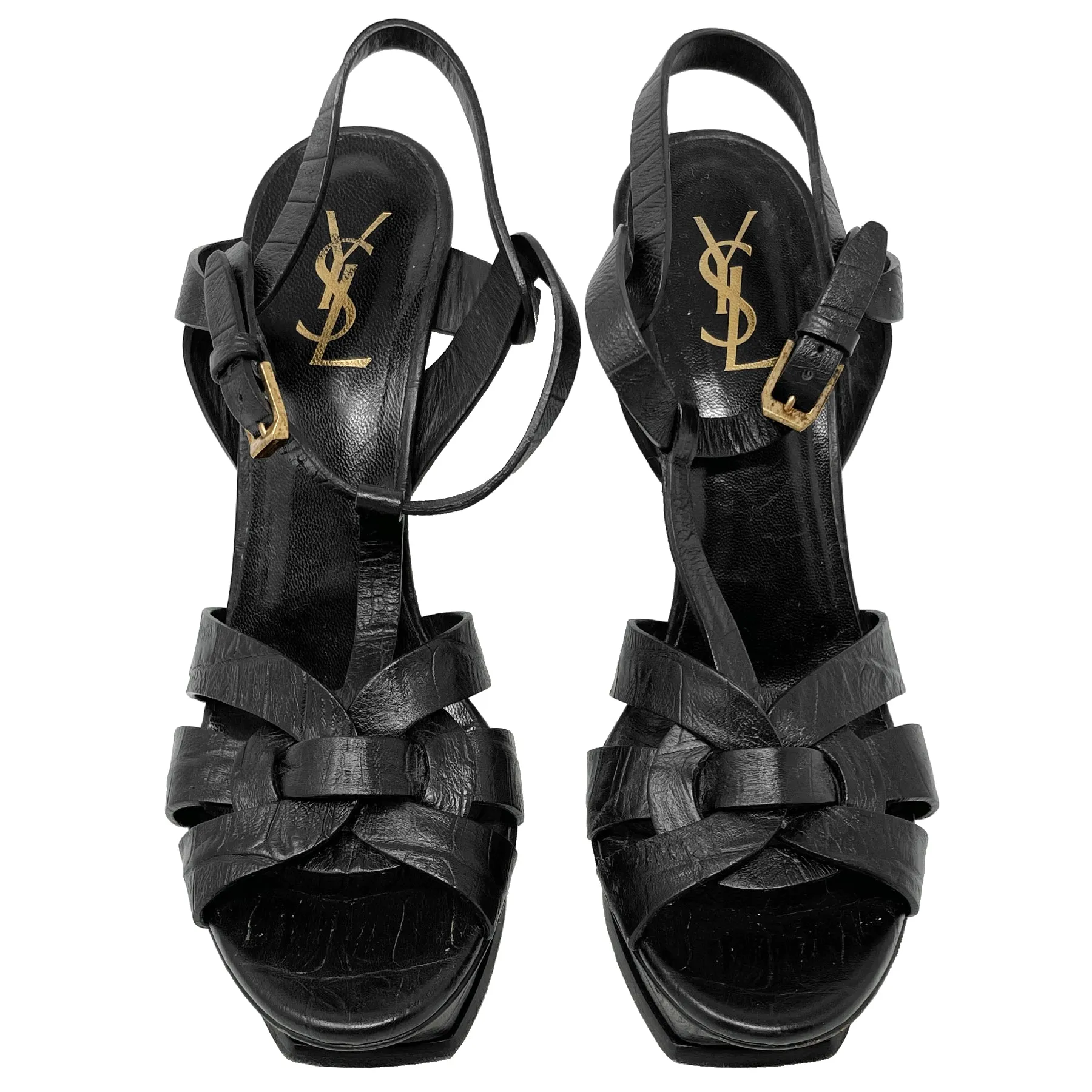 Saint Laurent Tribute 120 Black Embossed Leather Platform Sandals Size EU 40.5