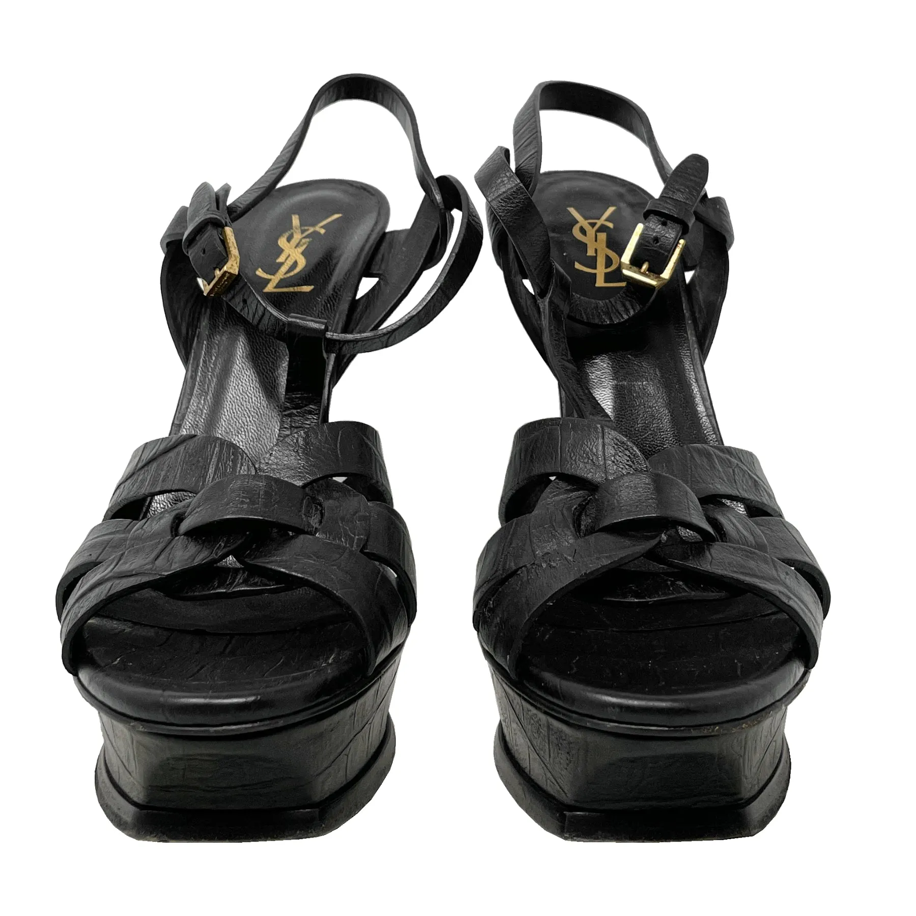 Saint Laurent Tribute 120 Black Embossed Leather Platform Sandals Size EU 40.5