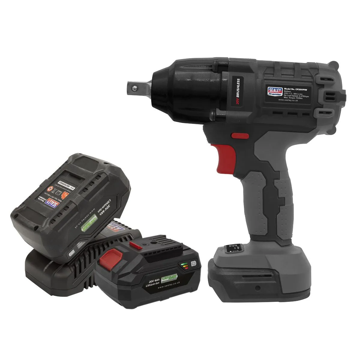 Sealey Premier Brushless Impact Wrench Kit 1/2"Sq Drive 20V 4Ah SV20 Series - 2 Batteries