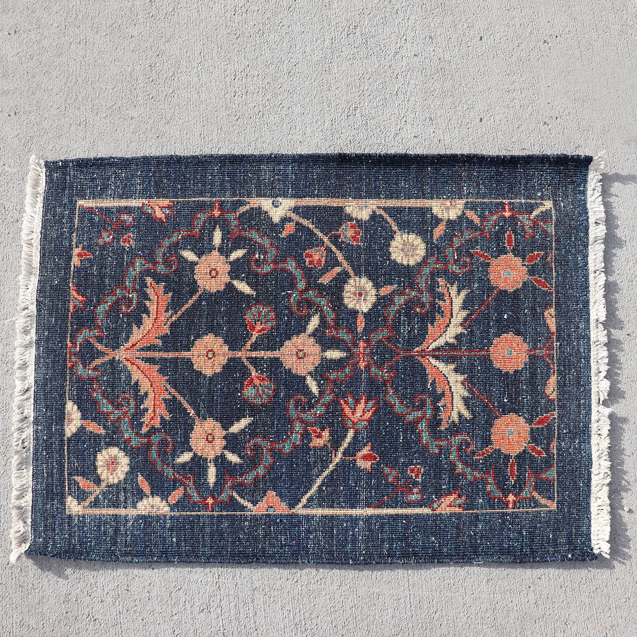 Small Chinese Wool Blue Floral Rug with Fringe