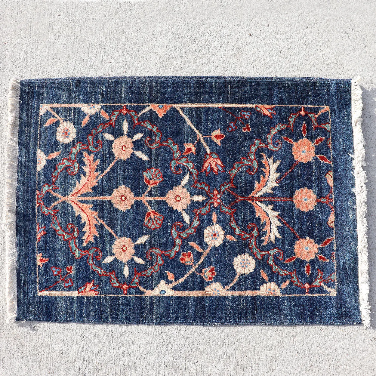 Small Chinese Wool Blue Floral Rug with Fringe