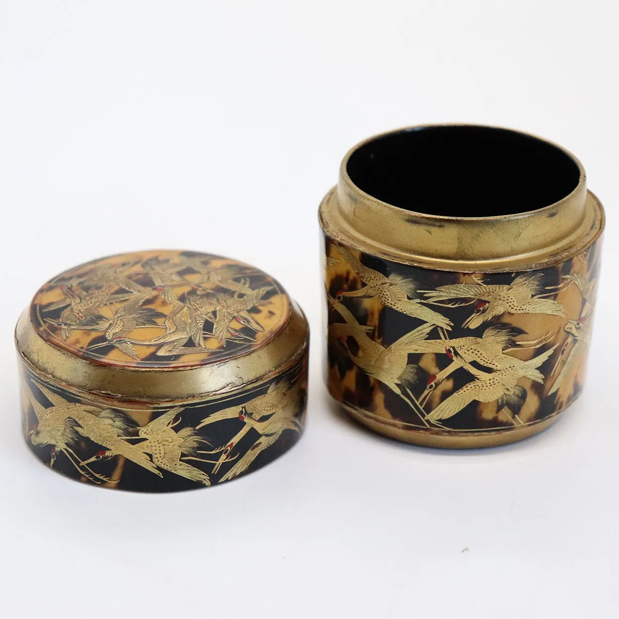 Small Japanese Gilt and Black Lacquer Thousand Crane Round Box