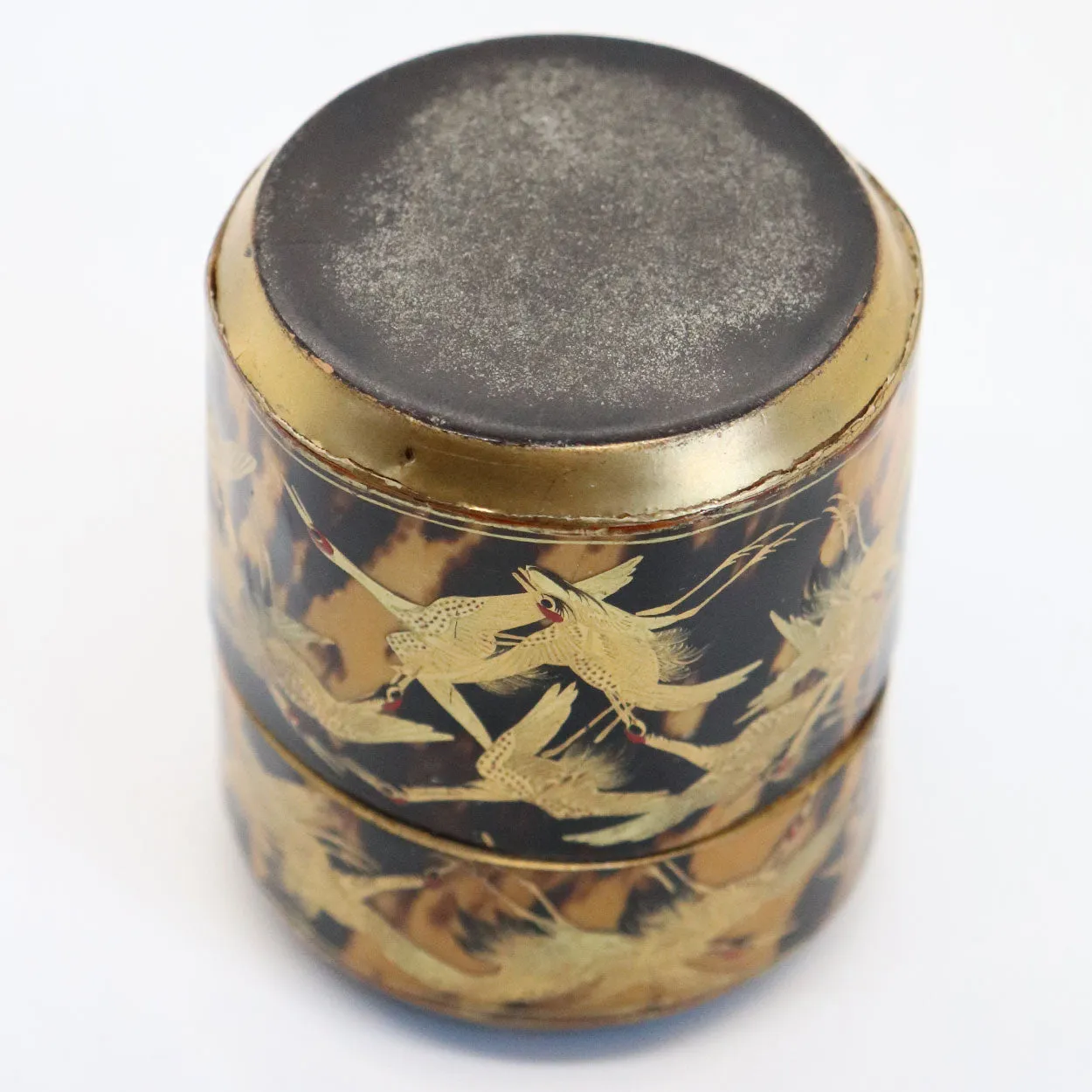 Small Japanese Gilt and Black Lacquer Thousand Crane Round Box