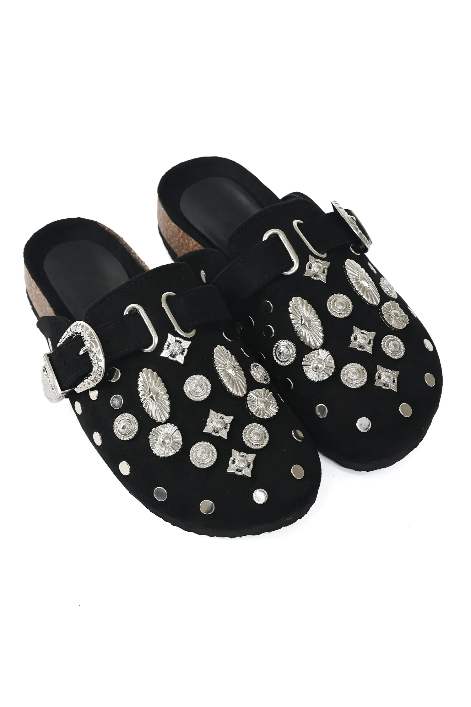 STUDDED BUCKLE MULES-BLACK