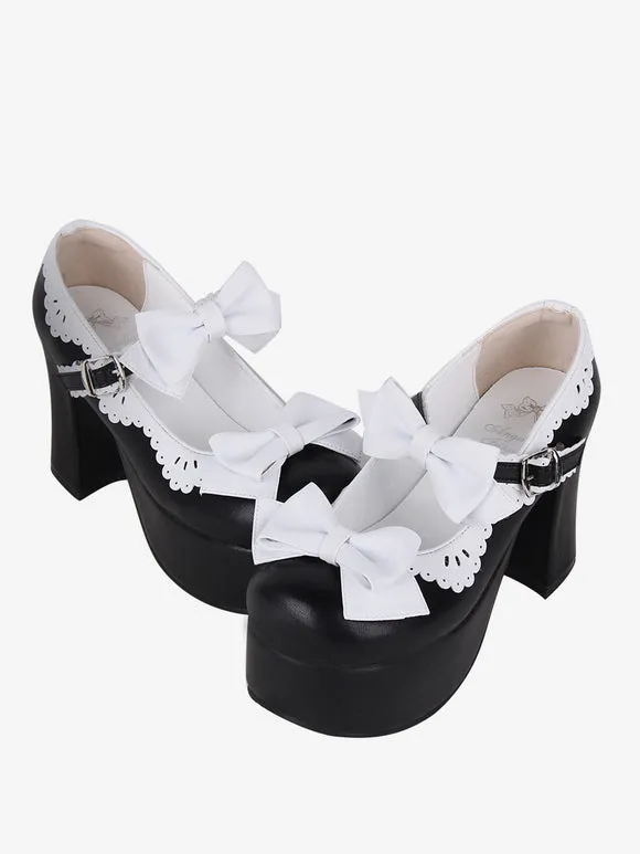 Sweet Lolita Sandals Bows Round Toe Bow PU Leather Black Lolita Summer Shoes