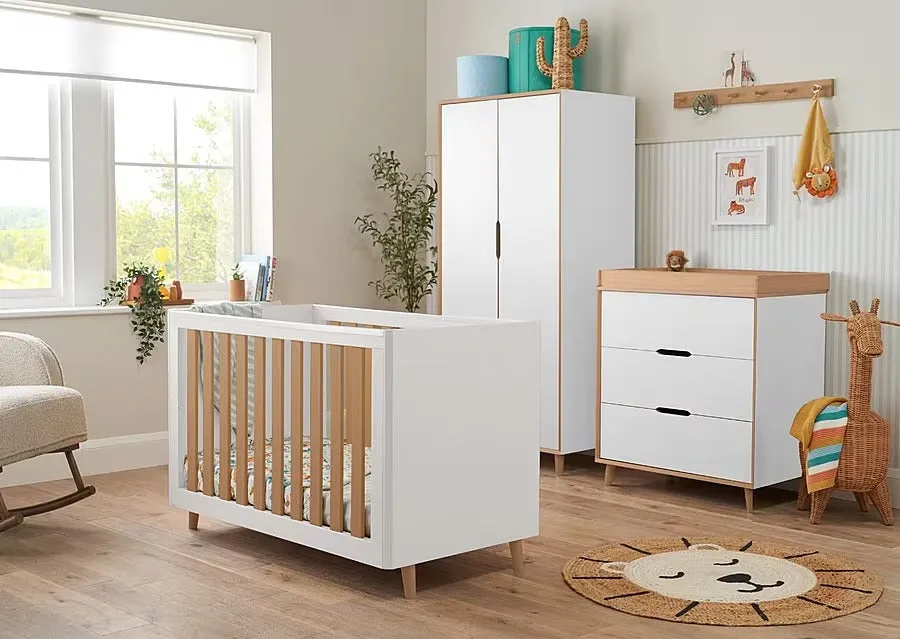 Tutti Bambini Fika Mini Cot Bed - (White/Light Oak)   Foam Cot Mattress (60X120cm) - BundelPack