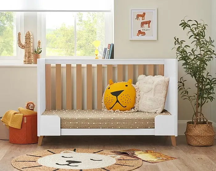 Tutti Bambini Fika Mini Cot Bed - (White/Light Oak)   Foam Cot Mattress (60X120cm) - BundelPack