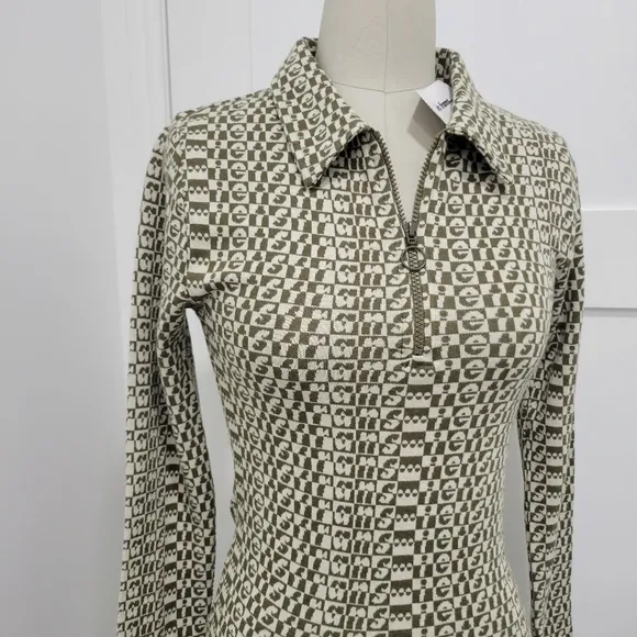 Urban Outfitters iets frans Retro Olive Cream Patterned Mini Dress Size M
