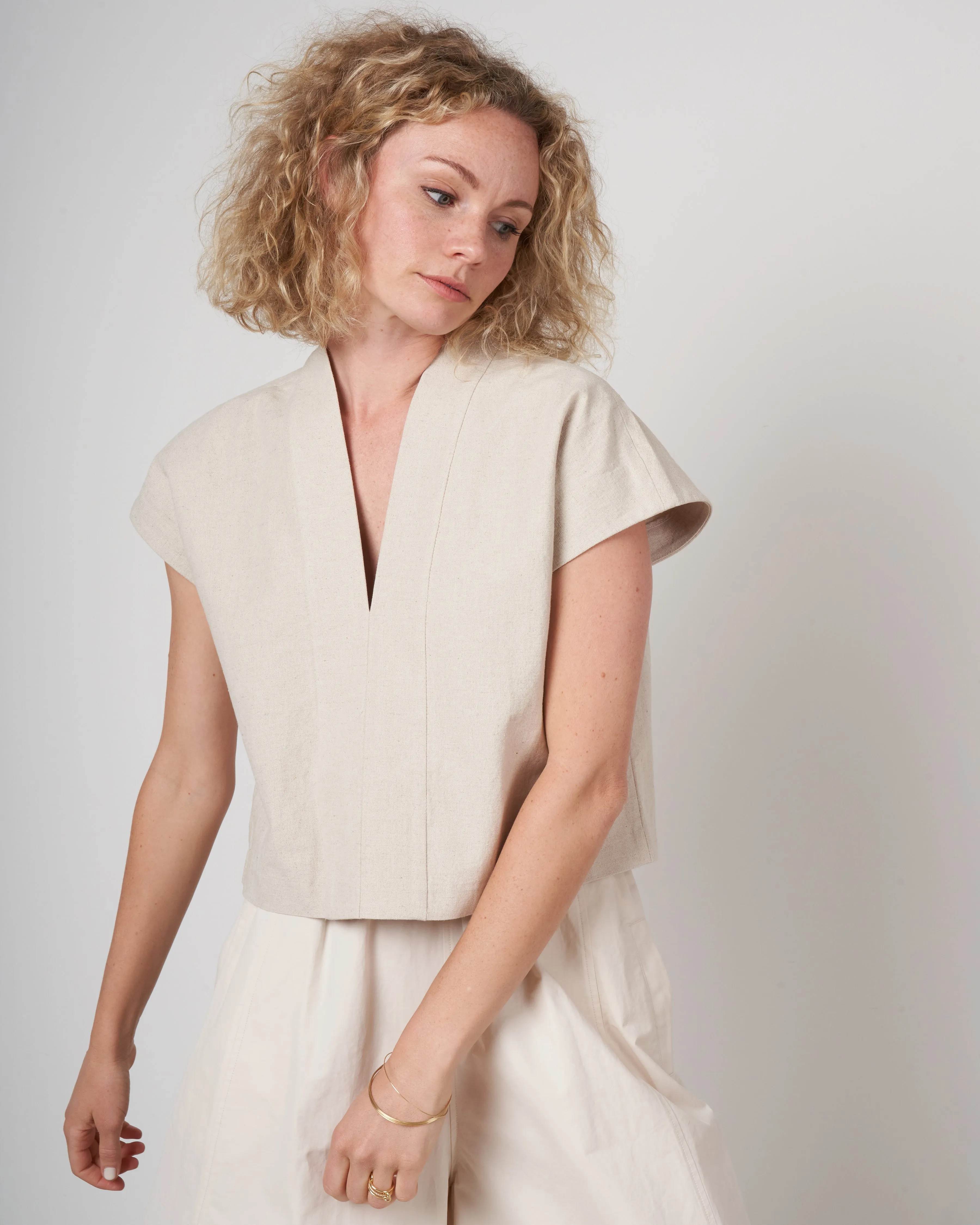 v neck panel top - beige