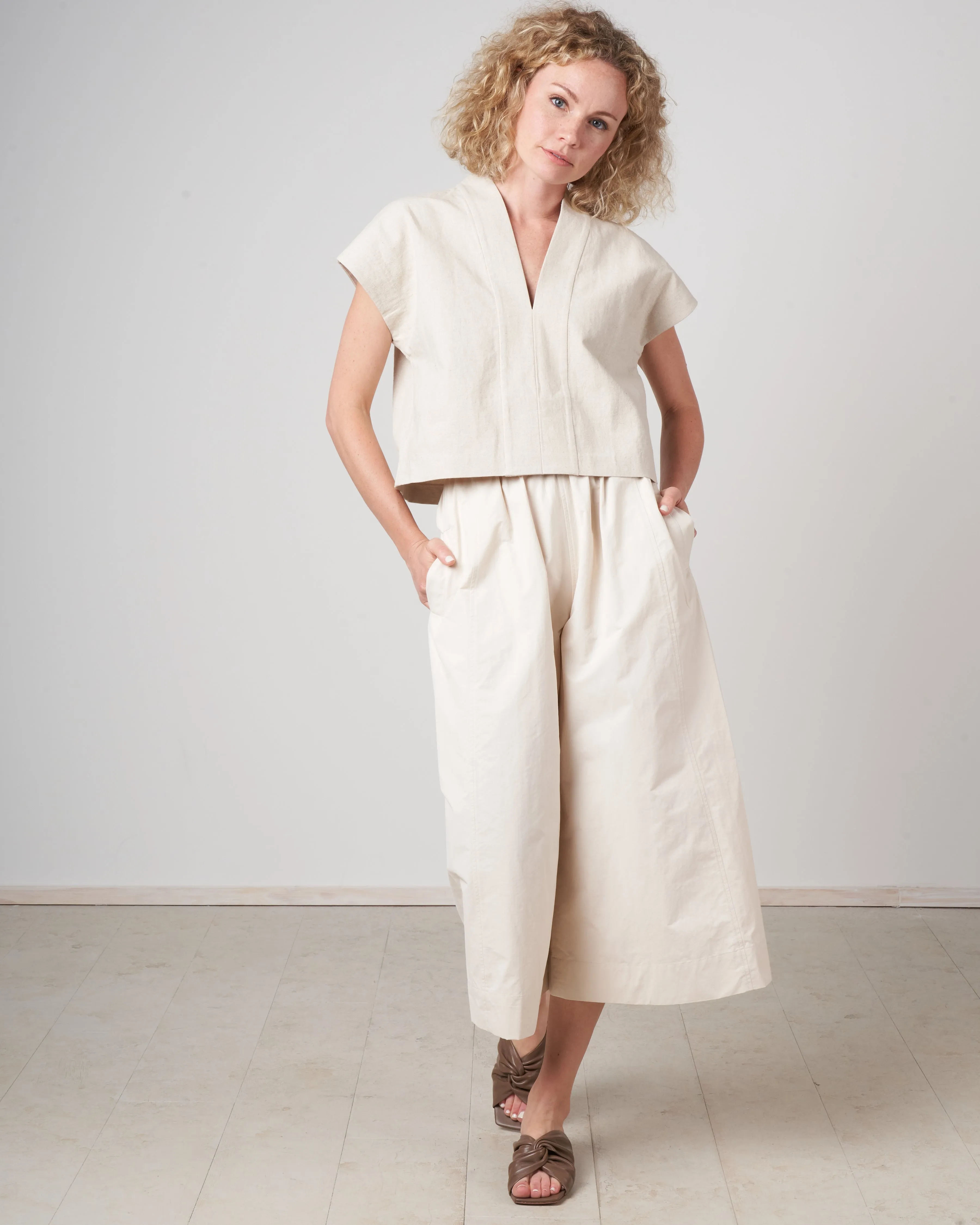 v neck panel top - beige