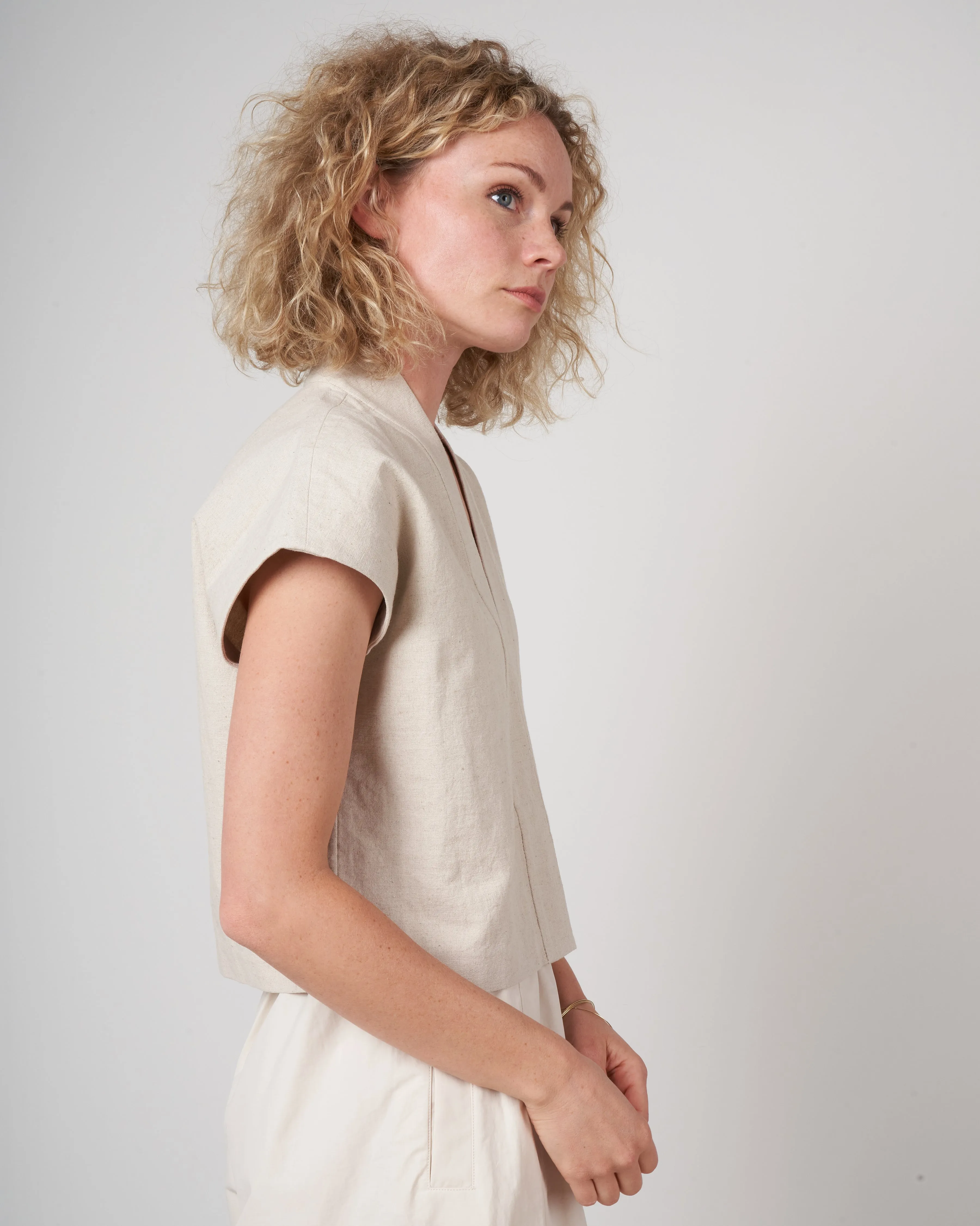 v neck panel top - beige