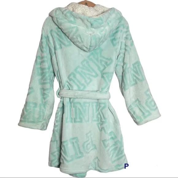 Victoria’s Secret Pink Cozy Sherpa Plush Mint Turquoise Hooded Robe Size XS