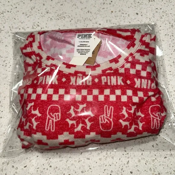 Vs Victorias Secret Pink Cozy Jersey Sleep Shirt Top Pajama Red Fair Isle L