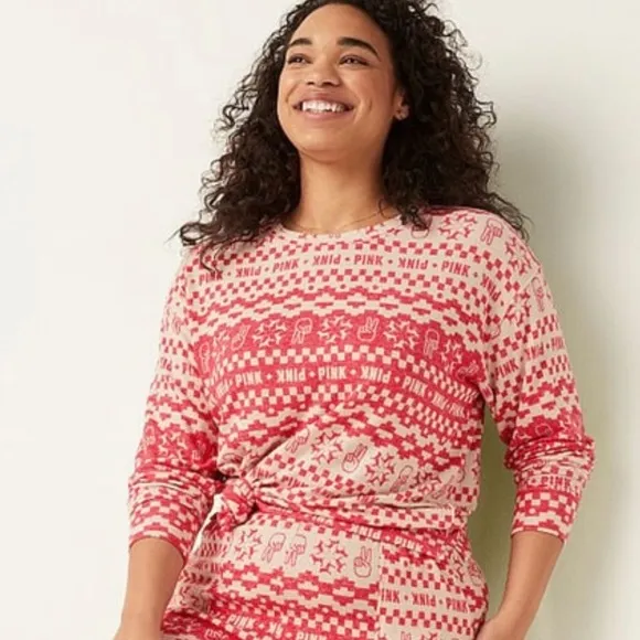 Vs Victorias Secret Pink Cozy Jersey Sleep Shirt Top Pajama Red Fair Isle L