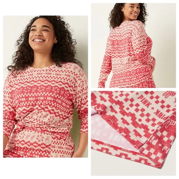 Vs Victorias Secret Pink Cozy Jersey Sleep Shirt Top Pajama Red Fair Isle L