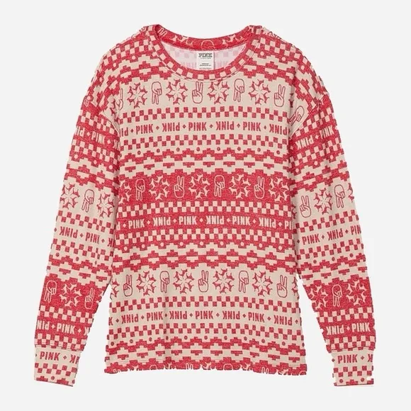 Vs Victorias Secret Pink Cozy Jersey Sleep Shirt Top Pajama Red Fair Isle L