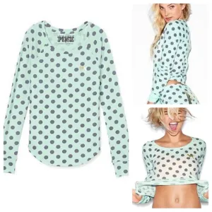 Vs Victorias Secret Pink Cozy Thermal Sleep Shirt Top Pajama Mint Polka Dots XS