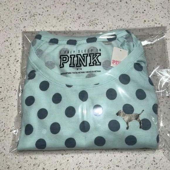 Vs Victorias Secret Pink Cozy Thermal Sleep Shirt Top Pajama Mint Polka Dots XS