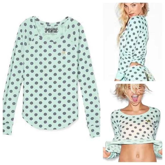 Vs Victorias Secret Pink Cozy Thermal Sleep Shirt Top Pajama Mint Polka Dots XS