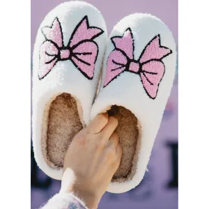White Cute Bowknot Pattern Fuzzy Winter Home Slippers