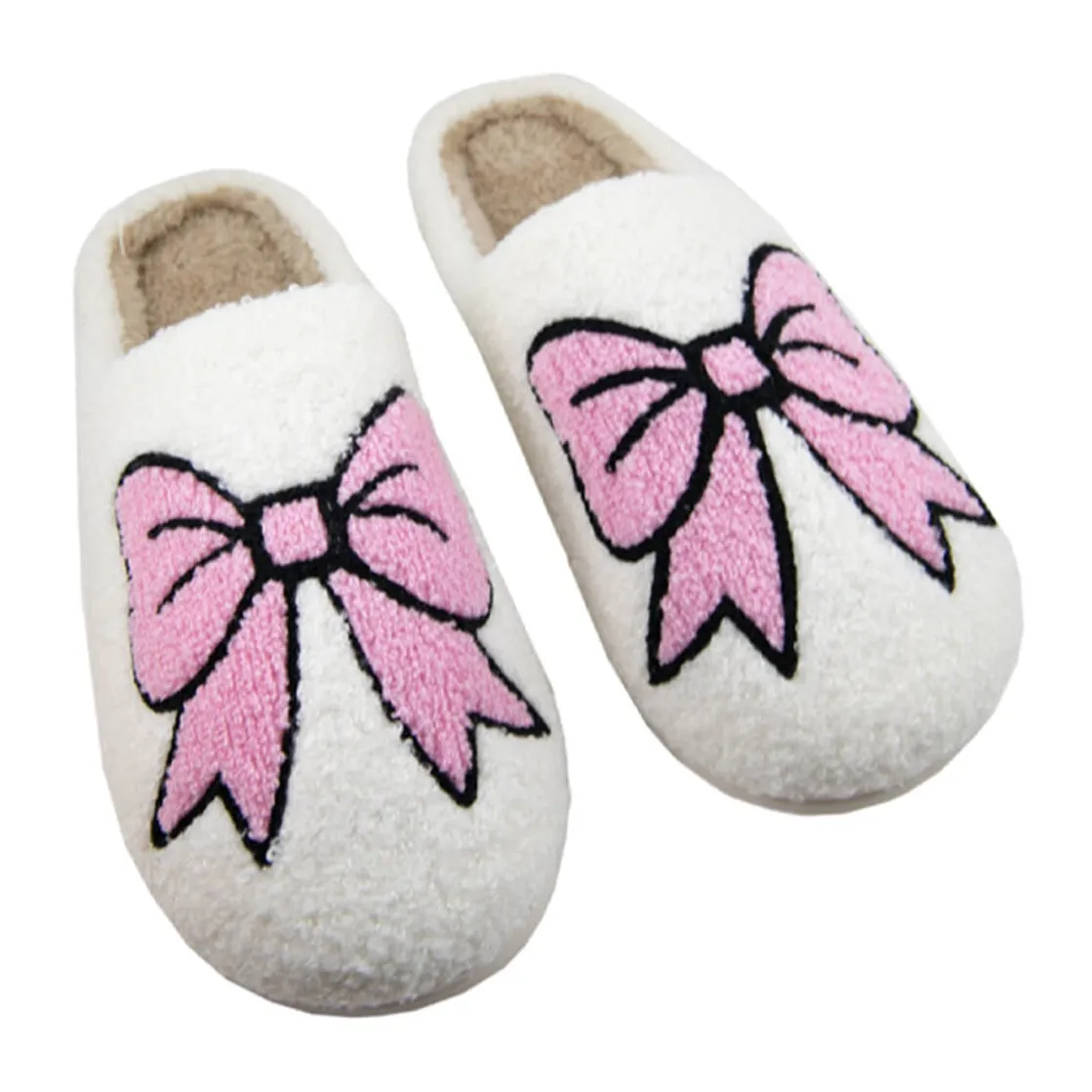 White Cute Bowknot Pattern Fuzzy Winter Home Slippers
