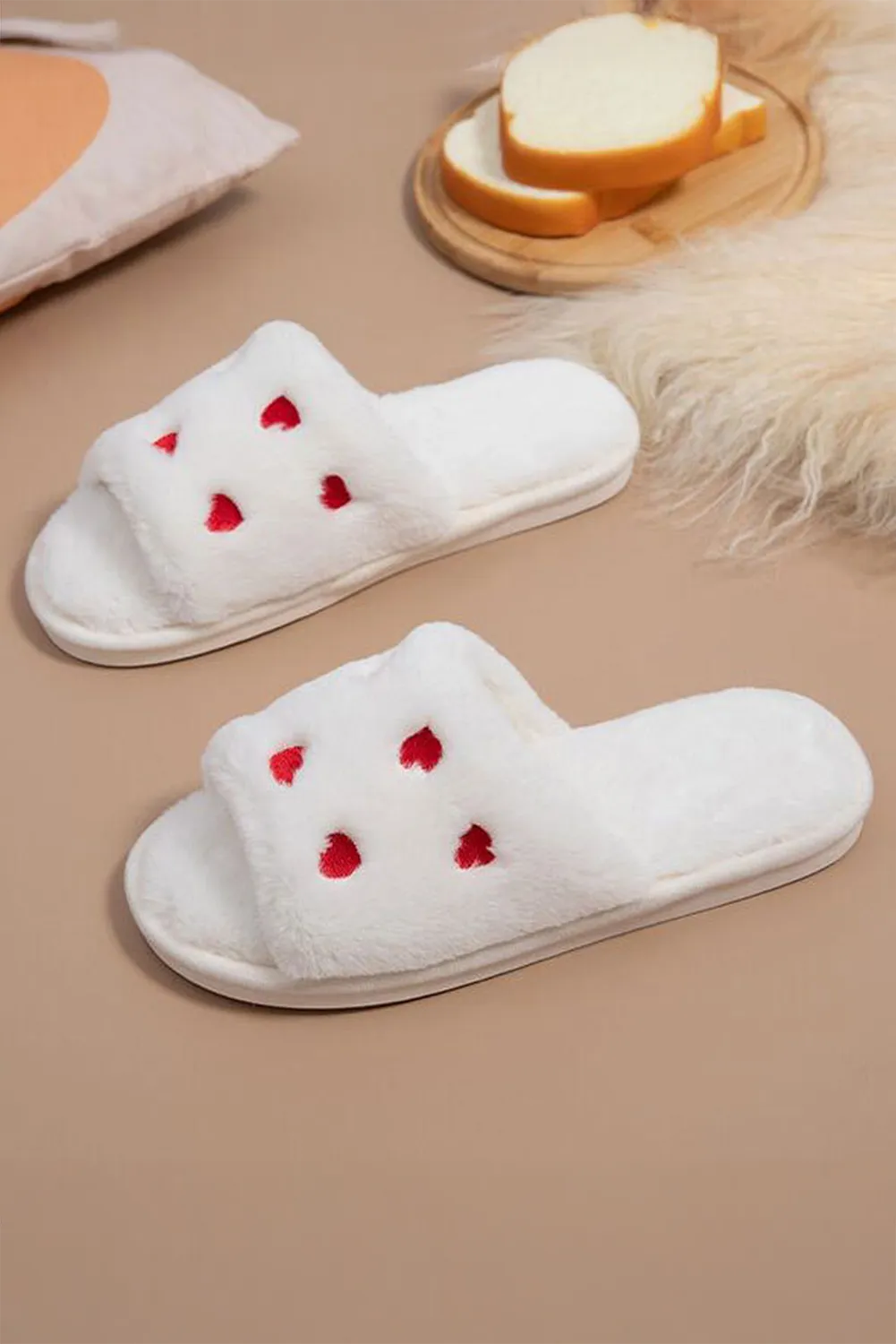 White Valentines Heart Embroidered Fuzzy Winter House Slippers