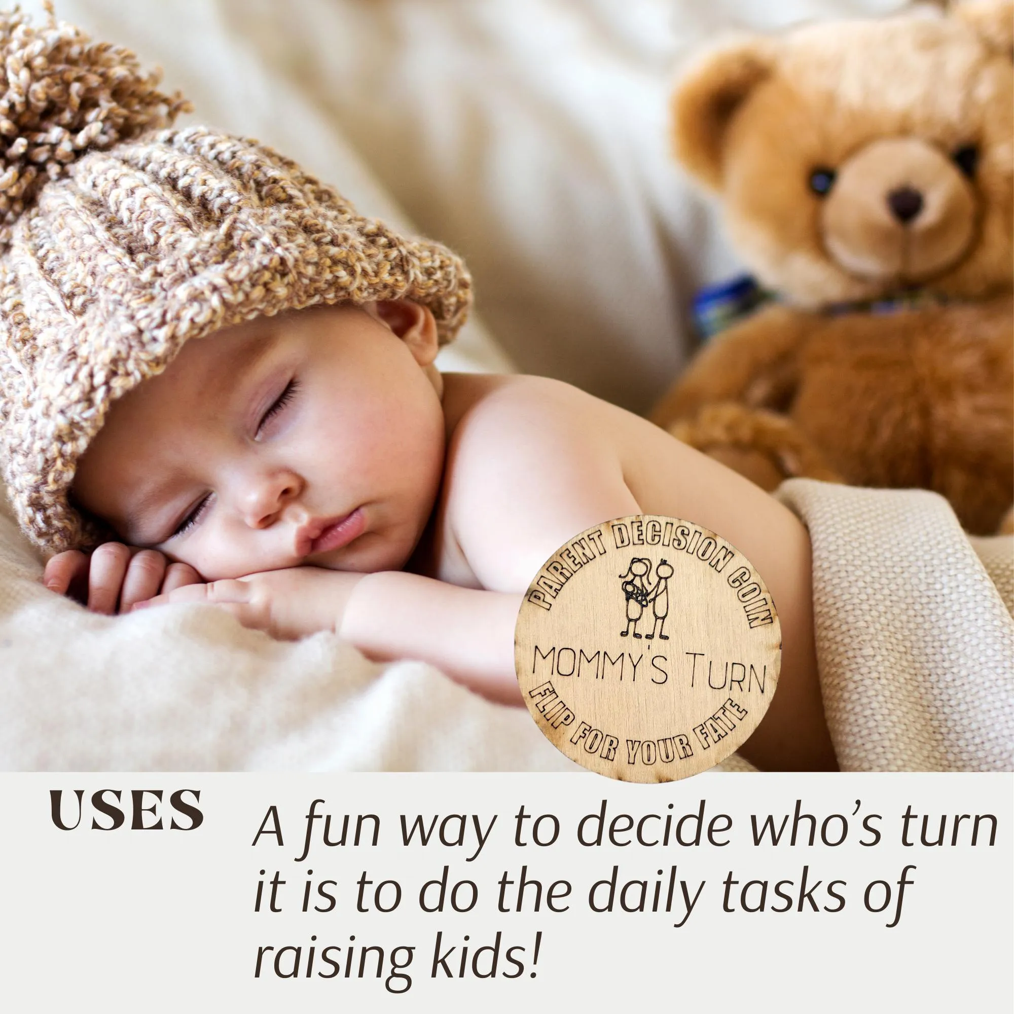Wooden Parent Decision Coin – 3x3 Inches Engraved Baby Design | "Mom's Turn" & "Dad's Turn" New Parent Gift