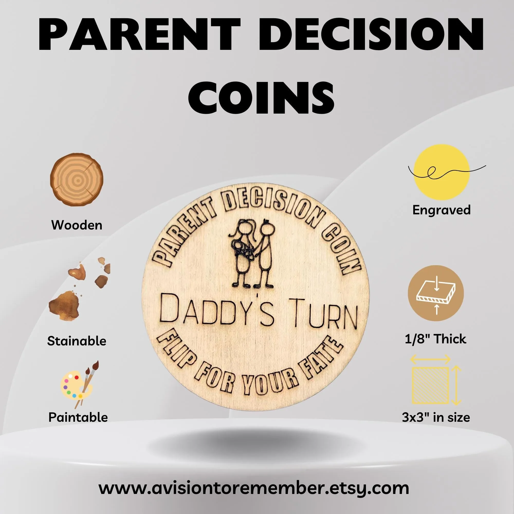 Wooden Parent Decision Coin – 3x3 Inches Engraved Baby Design | "Mom's Turn" & "Dad's Turn" New Parent Gift