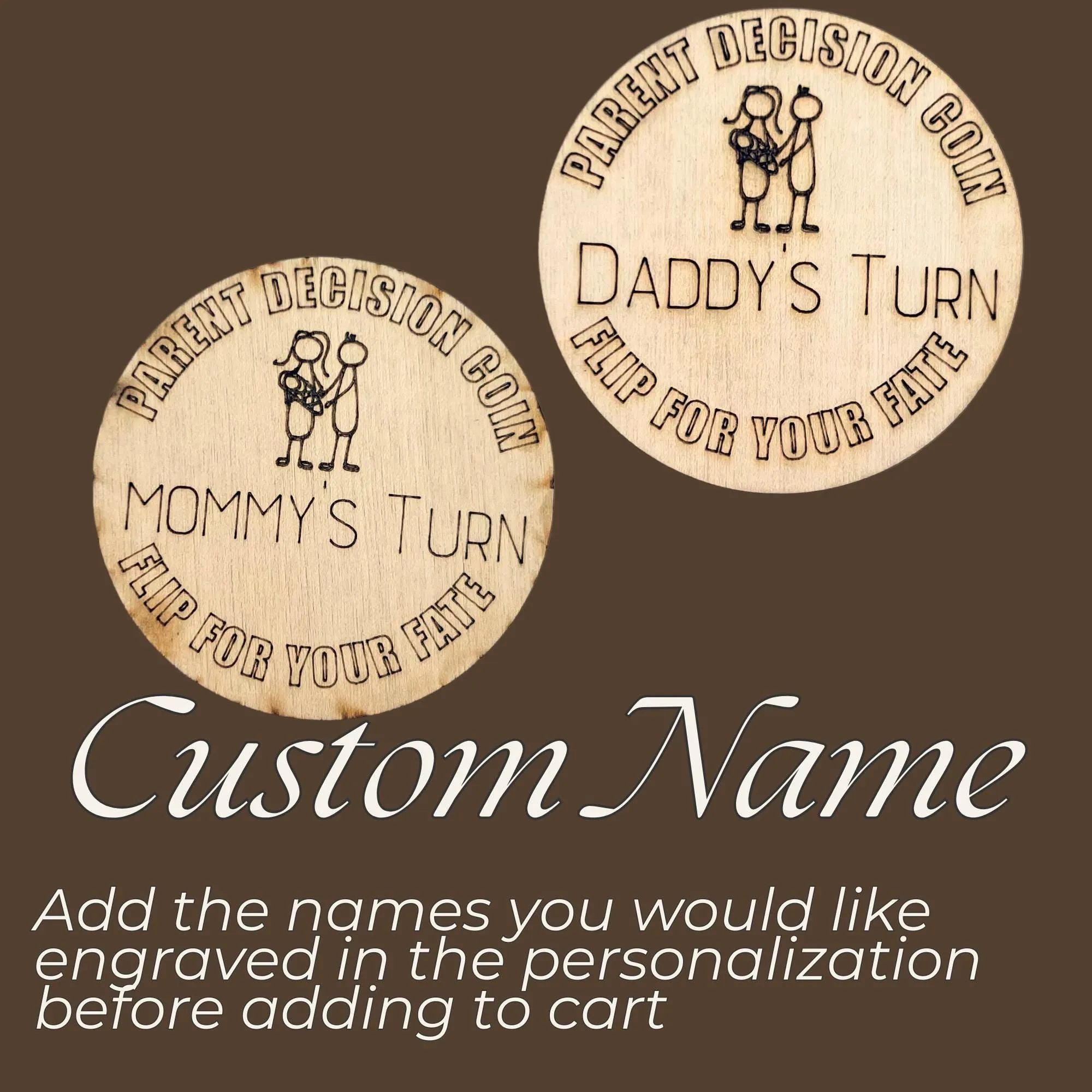 Wooden Parent Decision Coin – 3x3 Inches Engraved Baby Design | "Mom's Turn" & "Dad's Turn" New Parent Gift