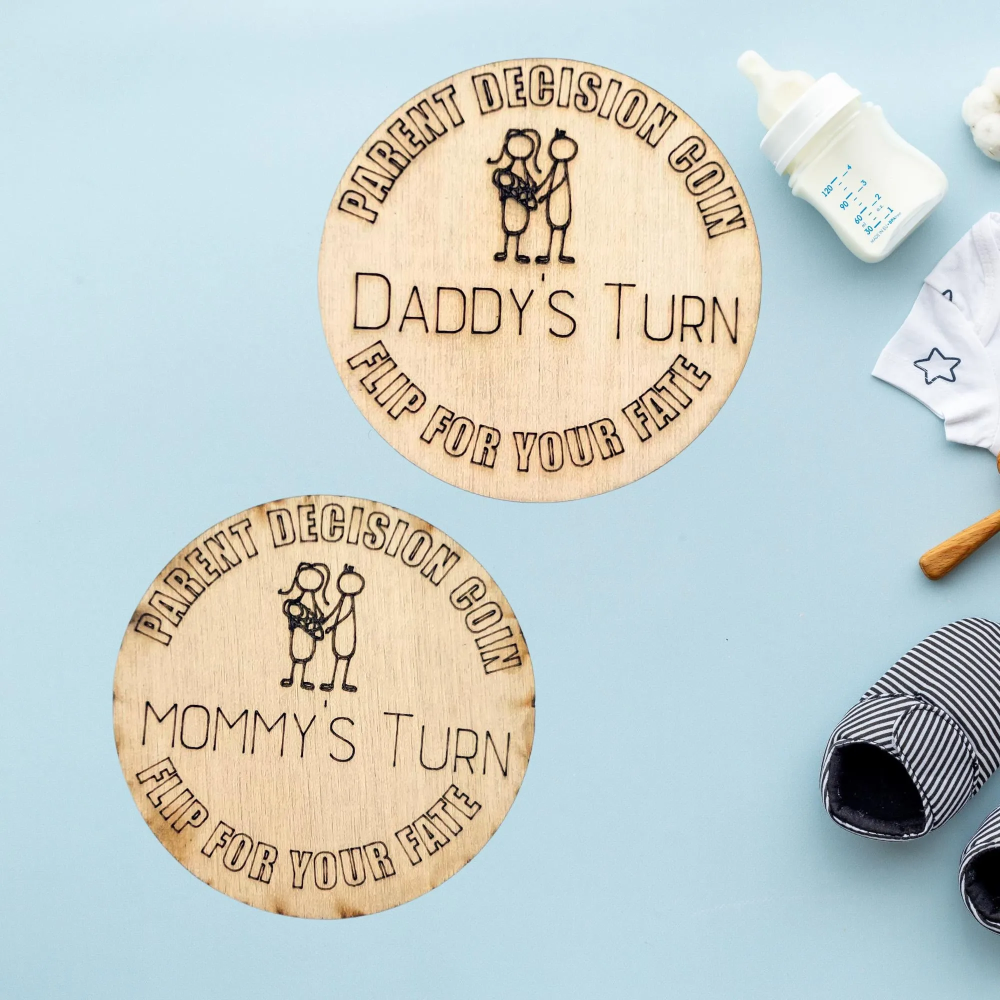 Wooden Parent Decision Coin – 3x3 Inches Engraved Baby Design | "Mom's Turn" & "Dad's Turn" New Parent Gift