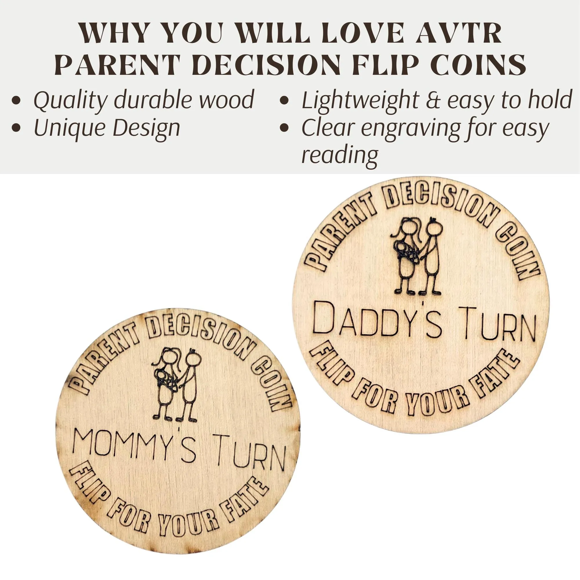 Wooden Parent Decision Coin – 3x3 Inches Engraved Baby Design | "Mom's Turn" & "Dad's Turn" New Parent Gift